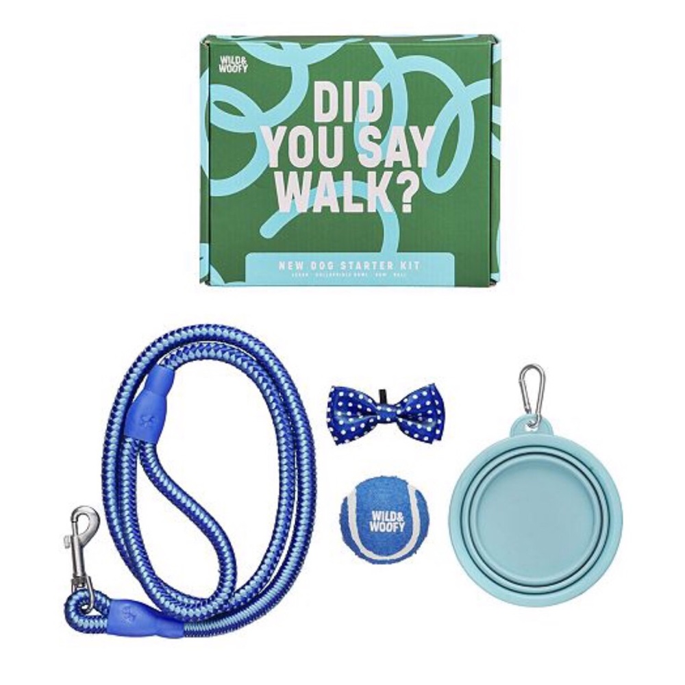 New Wild And Woofy Dog Puppy Starter Kit Boxed Gift Set Leash Bowl Ball Bow Tie